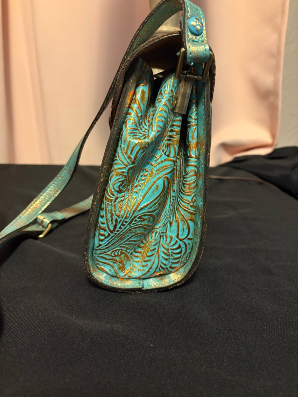 Patricia Nash Turquoise and gold Embossed Leather Crossbody Bag - Picture 5 of 11